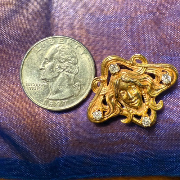 14k Gold Antique Art Nouveau Lady with Diamonds Brooch/Pendant/Watch Loop - Picture 2 of 3